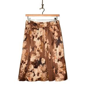 TALBOTS $99 Brown Floral‎ Pleated Woven Midi A-line Skirt Size 2